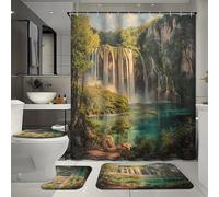 Ensemble de 4 rideaux de douche rétro imperméables à motif cascade avec 12 crochets, comprenant un tapis de bain, un tapis en forme de U et un couvre-toilettes pour la décoration intérieure, ainsi qu