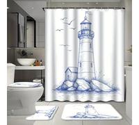 Ensemble de 4 rideaux de douche rustiques imperméables avec 12 crochets, motif phare, paysage marin et oiseaux, comprenant un tapis, un tapis de bain en forme de U et un couvre-toilettes pour la déco