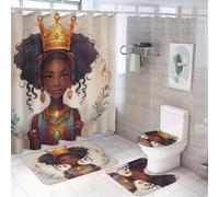 Ensemble de 4 rideaux de douche, tapisserie afro-américaine, motif fille noire, reine noire, avec tapis antidérapants, housse d'abattant de toilette et tapis de bain, décoration de salle de bain 72" x