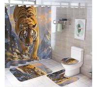 Ensemble de 4 rideaux de douche Tiger descendant - Tapis de bain antidérapant avec housse d'abattant de toilette et rideau de douche imperméable avec 12 crochets - Ensemble complet pour décoration