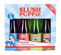Ensemble de 4 sirops Slush Puppie. 4x180 ml. Comprend des saveurs de framboise bleue, de fraise, de cola et de citron vert.