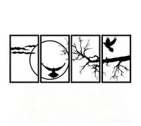Ensemble De 4 Tableaux en Métal Représentant Un Paysage. Sculpture Murale Abstraite Vintage Représentant Une Silhouette De Pigeon sur Une Branche Noire. Décoration Murale Idéale