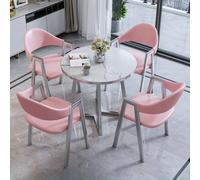 Ensemble de 4 tables de salle à manger rondes et modernes en imitation marbre blanc avec pieds en acier au carbone et bords en plastique argenté Comprend 4 chaises élégantes en cuir ou lin de coton