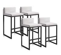 Ensemble de 4 tabourets de Bar Modernes en Velours, avec Dossier, Repose-Pieds et Cadre Noirs, Hauteur comptoir, pour îlot de Cuisine, café, pub, 29,5'' H, Blanc