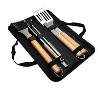 Ensemble de 4 ustensiles de Barbecue en Acier Inoxydable for Barbecue d'extérieur, Manche en Bois de hêtre, Fourchette, Pelle, Pince, Brosse, Gril combiné