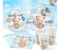 Ensemble de 40 pièces/set de vaisselle jetable décorative thème ours bleu pour fête, set de vaisselle pour révélation de sexe, comprenant 8 pièces d'assiettes en papier de 7 pouces et 9 pouces, 8 pièc