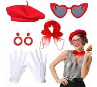 Ensemble de 5 bérets rouges vintage pour femme : ensemble de costume élégant avec lunettes de soleil, gants, boucles d'oreilles et écharpe - Accessoire quotidien pour toute l'année - Idéal pour les