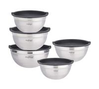 Ensemble de 5 Bols Mélangeurs en Inox avec Couvercles 5 Pièces Bases Antidérapants Noir / Argent