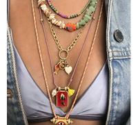 Ensemble de 5 colliers bohèmes superposés, pendentifs poisson, œil maléfique, cœur avec perles de pierre asymétriques, convient pour le port quotidien, les rendez-vous, les vacances d'été et les fêtes