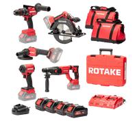 Ensemble de 5 machines ROTAKE 18V - Perceuse visseuse à percussion D2H-50D + Meuleuse G1-125 + PERFORATEUR 8902 + Scie circulaire 8303 + Visseuse à chocs S1 - ROTAKE - avec 4 batteries 18V 5Ah + charg