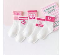 Ensemble De 5 Paires De Chaussettes Blanches Respirantes Et Fines En Maille Pour Filles Avec Accent Rose Et Bouche Large Élastique Blanche, Avec Des Lettres Mignonnes, Des Visages Souriants, Des Cœurs
