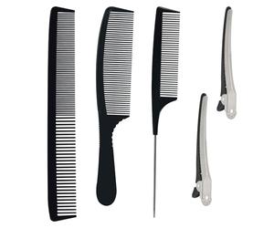 Ensemble de 5 Peignes de Coiffure Anti-Statique - 2 Pinces à Cheveux, 3 Tailles Différentes, Dents Fines et Larges - Résistant à la Chaleur