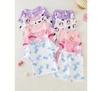 [Ensemble de 5 pièces, 2 envoyés au hasard] Ensemble de pyjama à manches courtes et short pour tout-petits filles, col rond, motifs de beignets, vaches, nœud-en-ciel, nœuds, rose, bleu, violet, style