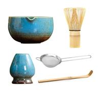 Ensemble de 5 pièces pour cérémonie de thé matcha de qualité supérieure avec fouet en bambou, bol en céramique, tamis et support (bleu brunâtre)