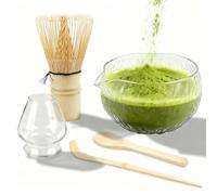 Ensemble de 5 pièces pour matcha - Chasen - Cuillère - Bol en verre avec bec verseur, porte-balai et cuillère à café - Fouet à matcha - Kit de cérémonie du thé japonais pour débutants - Verre