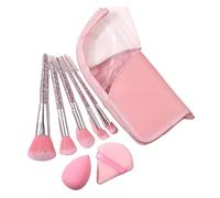 Ensemble de 5 pinceaux maquillage roses à manche en diamant avec pochette rangement, éponge, houppette, outils voyage complets