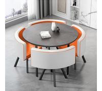 Ensemble de 5 tables de salle à manger en imitation marbre avec 4 chaises en cuir pour économiser de l'espace pour les petites cuisines et les cafés. Mobilier élégant et fonctionnel.