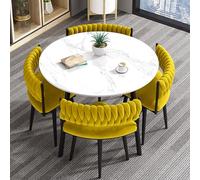Ensemble de 5 tables de salle à manger rondes modernes pour 4 personnes - Table basse élégante avec chaises pour salon, cuisine, bureau et réception - Finition bois minimaliste en jaune