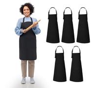Ensemble de 5 tabliers de cuisine noirs - Tablier pour femme et homme pour BBQ, hôtel et restaurant avec poches frontales et lanière réglable en 100% coton - 66cm x 88cm