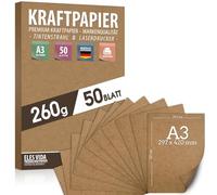 Ensemble de 50 feuilles de papier kraft A3-260 g - 29,7 x 42 cm - format DIN - papier kraft et carton naturel Feuilles en carton kraft pour l'impression, artisanat en pour étiquettes