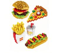 Ensemble de 525 petits blocs Micro-particules Blocs de construction en plastique, série Fast Food, comprenant un hamburger, des frites, un hot-dog, un modèle de pizza. Apporte des dessins d'assemblage
