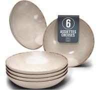 Ensemble de 6 Assiettes Creuses Rustiques en Steingut Premium - Lavables au Lave-Vaisselle - Ensemble Élégant de 6 Assiettes Profondes pour 6 Personnes, Salades, Pâtes - Pure Living en beige