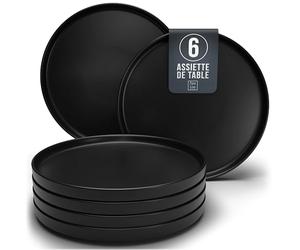 Ensemble de 6 Assiettes Plates Noires Mattes Manhattan -Teller en Grès Premium, Adaptés au Lave-vaisselle et au Micro-ondes- Élégantes Assiettes Noires pour 6 Personnes - Pure Living Urban Black