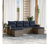 Ensemble de 6 canapés de jardin en polyrotin gris avec coussins bleu marine, table pliante, résistant aux UV, meubles d'extérieur pour balcon et terrasse