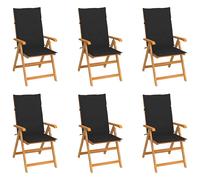 Ensemble de 6 chaises pliantes en teck massif avec coussins noirs vidaXL
