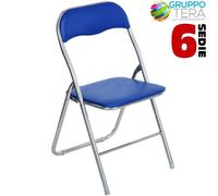Ensemble de 6 chaises pliantes rembourrées, couleur BLEU, structure argentée, ch