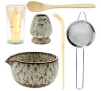 Ensemble de 6 fouets à matcha, comprenant un support for fouet, un bol en céramique, un tamis en acier inoxydable, une cuillère à thé et une cuillère en bois. Kit Thé Matcha(White)
