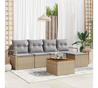 Ensemble de 6 pièces de canapés de jardin avec coussins beige polyrotin acacia, Canapé de jardin 2 places avec rangement & coussins beige polyrotin