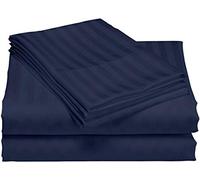 Ensemble de 6 pièces extra doux, 100 % coton égyptien, 1 drap plat, 1 drap-housse à poches profondes de 35 cm et 4 taies d'oreiller, 400 fils au pouce carré, rayures bleu marine, taille double.