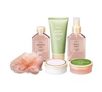 Ensemble de 6 pièces pour le bain avec trousse de toilette - gel, brouillard, lotion, crème pour les mains, gommage et pouf - 18 x 7 x 22 cm