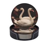 Ensemble de 6 sous-verres antidérapants avec support, motif deux cygnes, ronds, pour protéger votre table. Dessous de tasse en cuir, accessoires de bar et table basse. Idée cadeau de pendaison de crém
