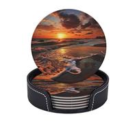 Ensemble de 6 sous-verres antidérapants avec support, motif lever de soleil sur la plage, orange et mer, ronds, pour protéger votre table. Dessous de verre en cuir pour tasses à thé, accessoires de ba