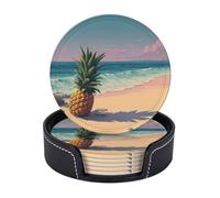 Ensemble de 6 sous-verres antidérapants avec support, motif pin sur la plage, ronds, pour protéger votre table. Dessous de verre en cuir pour tasses à thé, accessoires de bar et table basse. Idée cade