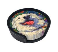 Ensemble de 6 sous-Verres en Cuir avec Support, Motif Adorable de Grand Chien des Pyrénées, pour différentes Tasses. Décoration idéale pour Le Salon, la Cuisine, la Voiture ou Toute Autre pièce.