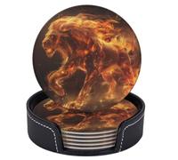Ensemble de 6 sous-Verres en Cuir avec Support, Motif Lion majestueux, pour la Table, la Cuisine, Le Bar ou la Maison. Décoration idéale pour la Salle à Manger, la Cuisine, Le café ou la Maison.