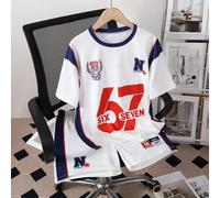 Ensemble de 6 t-shirts pour garçons pré-adolescents, style universitaire américain décontracté avec imprimé numérique "Six Seven", col rond, manches raglan courtes, assorti à un short "Six Seven", ten