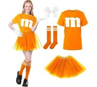 Ensemble de 6 tutus de ballet, vêtements pour femmes M&M's, costume de cosplay, costume de groupe, t-shirt amusant avec tutu, gants et bas rayés, costume de carnaval, ensemble de carnaval (orange)