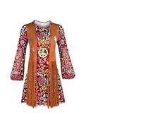 Ensemble de 6 vêtements rétro années 70 avec pompons, gilet, pantalon, foulard, boucles d'oreilles, lunettes, collier pour femme, grande taille, Rouge, XS