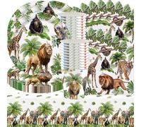 Ensemble de 61 décorations pour fête sur le thème des animaux sauvages, thème des animaux de la jungle, fête d'anniversaire pour enfants, lion, girafe, éléphant, assiettes 7 pouces, serviettes en papi