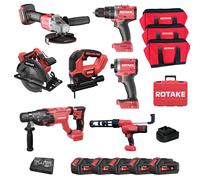 Ensemble de 7 machines ROTAKE 18V - Perceuse visseuse à percussion D1H + Meuleuse 125 + PERFORATEUR + Scie circulaire + Visseuse à chocs S1 + Scie sauteuse + Pistolet à mastic - ROTAKE - avec 5 batter
