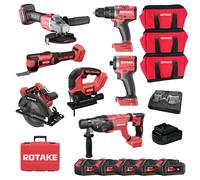 Ensemble de 7 machines ROTAKE 18V - Perceuse visseuse à percussion D2H + Meuleuse 125 + PERFORATEUR + Scie circulaire + Visseuse à chocs + Scie sauteuse + Outil multifonction - ROTAKE - avec 5 batteri