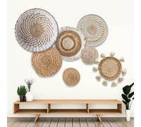 Ensemble de 7 Paniers Muraux Boho, Décor de Panier Mural en Rotin Boho, Art Mural Rond Tissé Suspendu, Pour le Salon Les Paramètres de la Table D'affichage la Cuisine Et la Maison