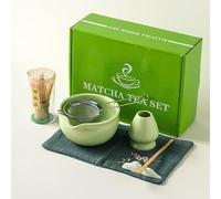 Ensemble de 7 pièces à matcha avec fouet et bol, support pour fouet, cuillère en bambou, repose-cuillère, tamis et torchon, vert clair