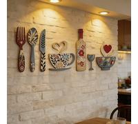 Ensemble de 7 pièces de décoration murale en bois créative, comprenant des designs de fourchette, de tasse à café et de verre à vin - colle ronde adhésive incluse ! Convient pour la décoration murale
