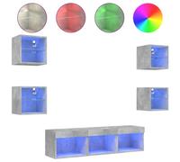 Ensemble de 7 pièces murales avec éclairage LED en bois gris béton - Paroi d'enceinte moderne pour salon, chambre à coucher - Design élégant avec verre et bois - Peu encombrant et multifonctionnel
