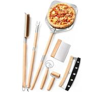 Ensemble de 7 pièces pour four à pizza, 30,5 cm perforé, pelle et outils de | Croûtes plus croustillantes, manipulation facile de la pâte, nettoyage du four, longues poignées en bois détachables